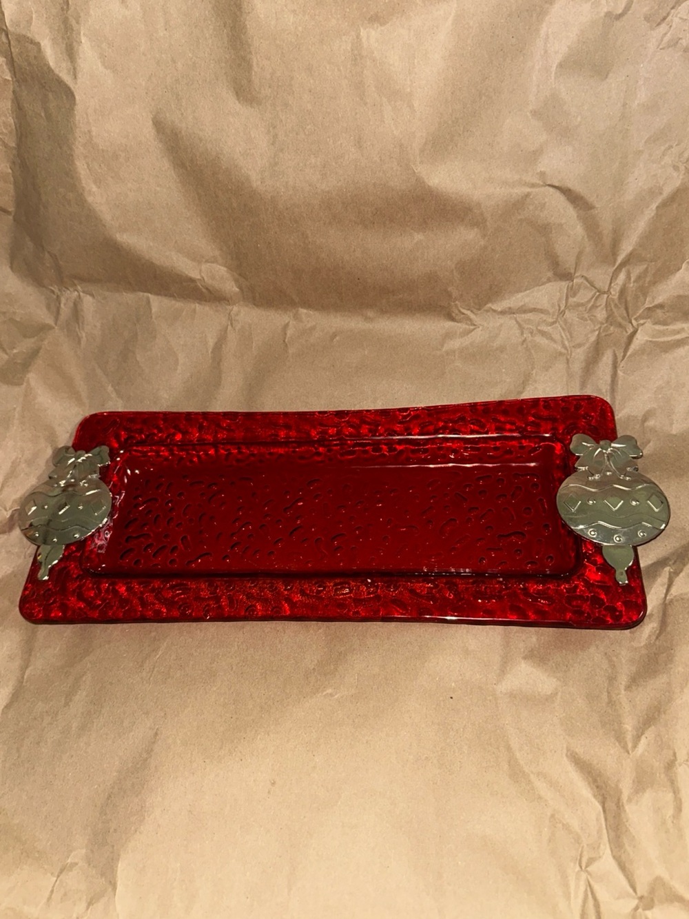 Red Glass Vanity Tray with Silver ornament Accent Handles Christmas
